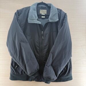 LL Bean Bomber Jacket Mens Large Black Fleece Lined Nylon warm-Up Full Zip
